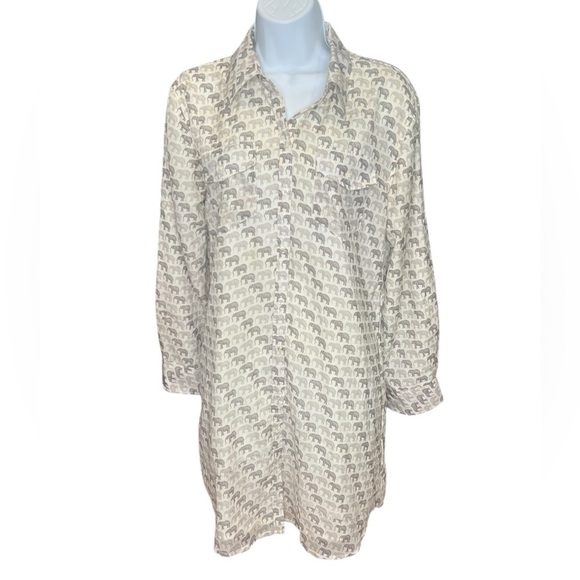 Sheridan French gray & white elephant long sleeve button-down shirt dress SZ 8 - Picture 1 of 7
